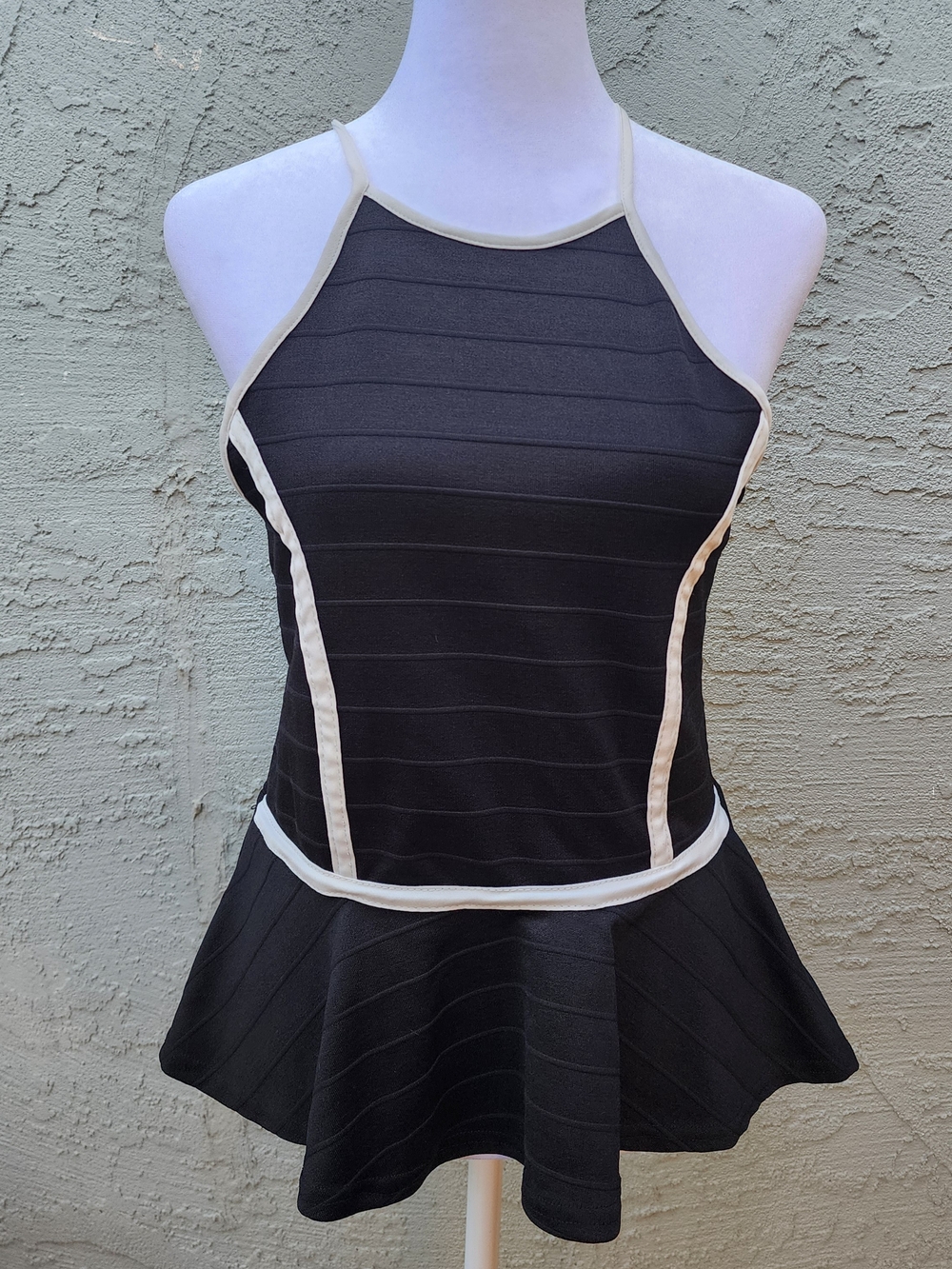 Valia Black White Contrast Trim Bandage Peplum Tank Top